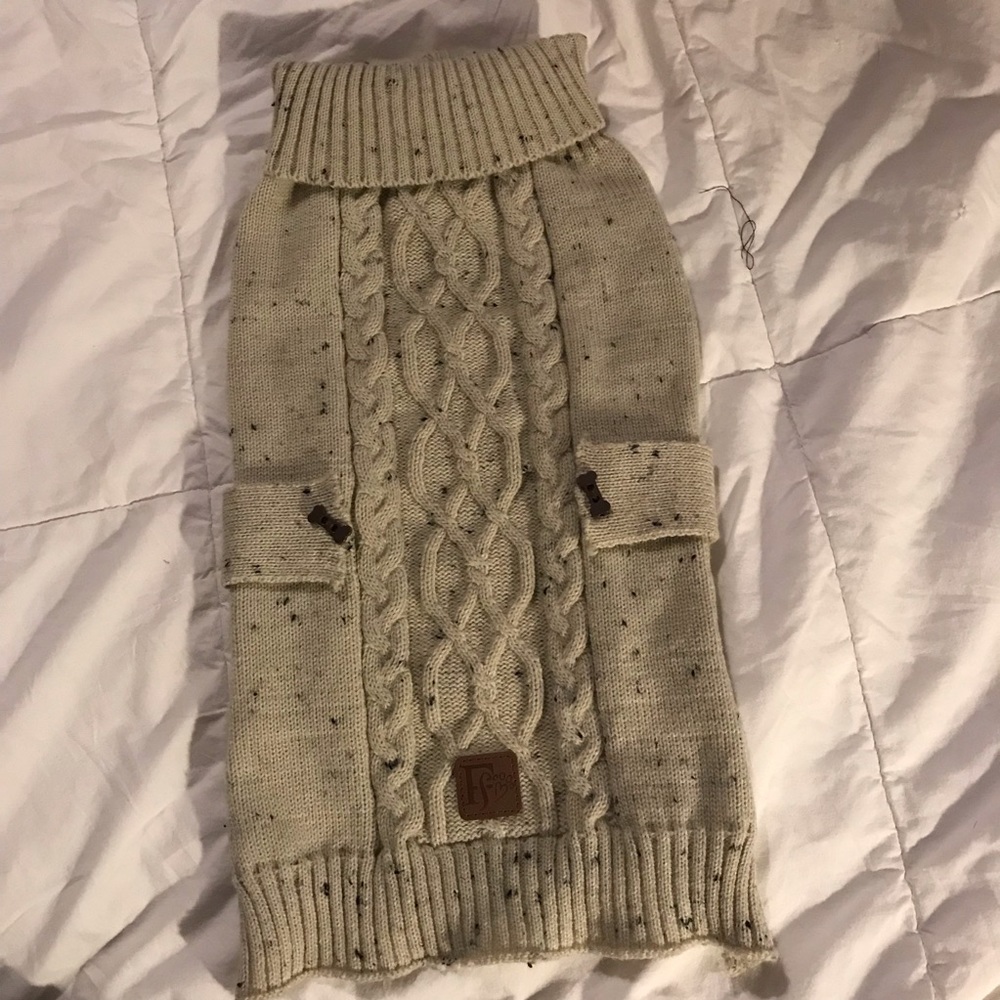 FS Tan Knit turtle neck Small Dog Sweater With Dog Bone Buttons.